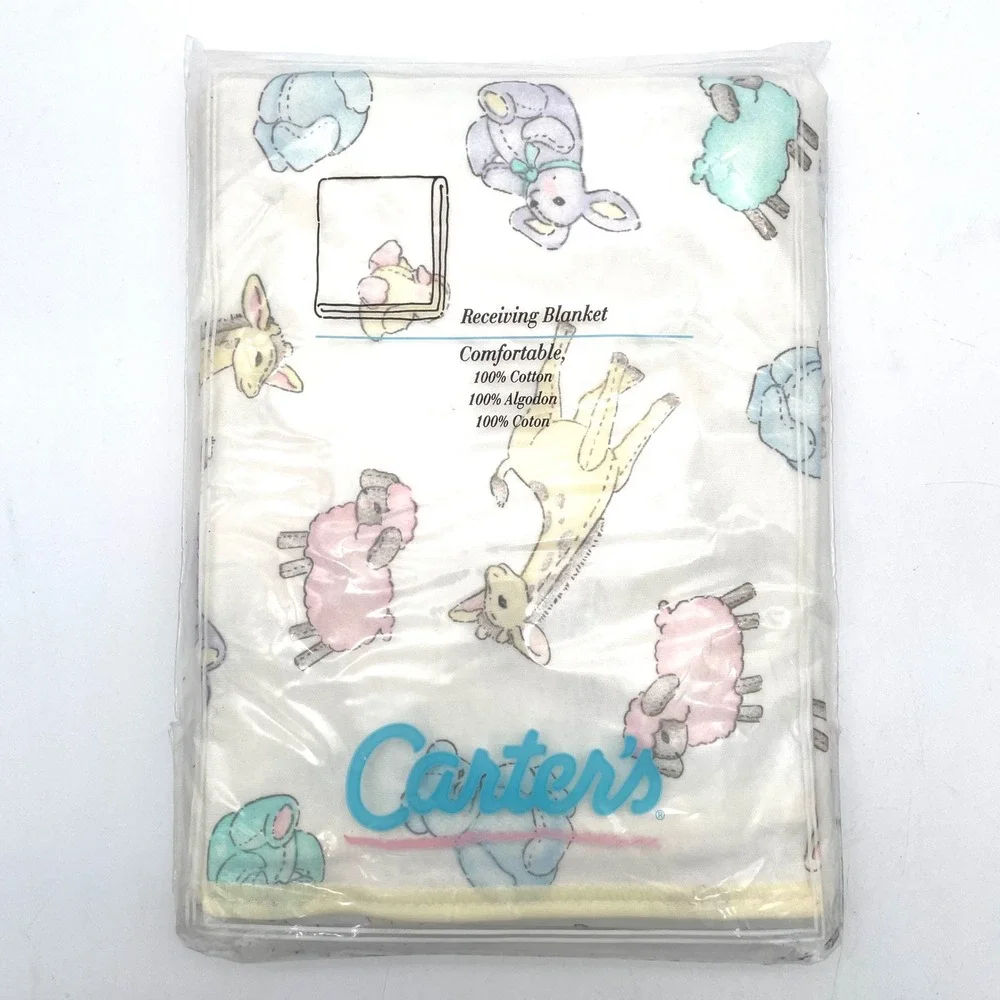 Carters Receiving Blanket Cotton Kids OS White NWT Vintage Animal Print 026-462